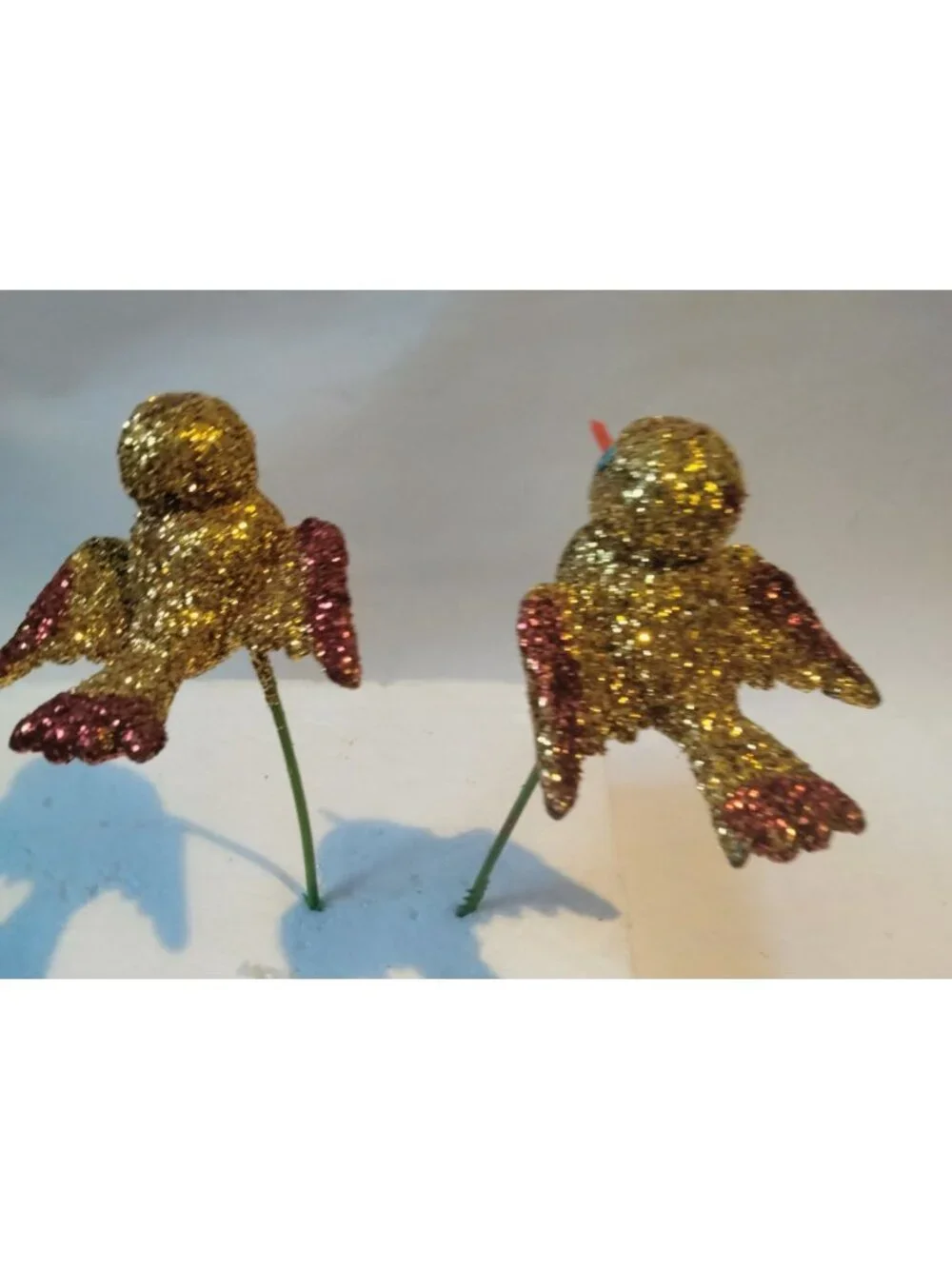 Glitter Gold Bird Ornament Green Wire Stem Decoration Crafting Lot 4